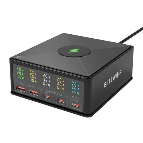 BlitzWolf® 868H 160W desktop USB PD+QC3.0 încărcător rapid, 3x Type-C + 2x USB-A + port de încărcare fără fir Qi